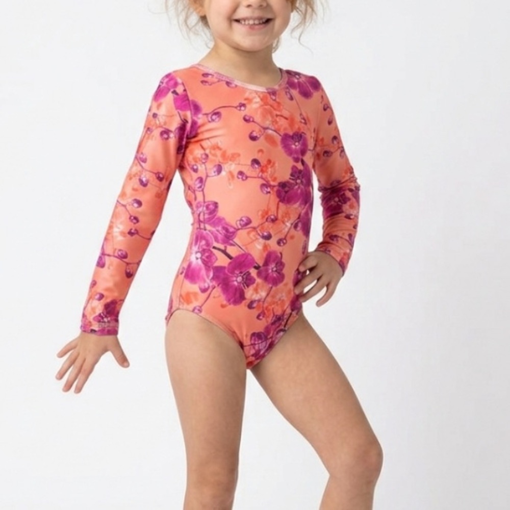 Mar de Lua Girls Orchid Floral Long Sleeve One Piece Swimsuit Size 6